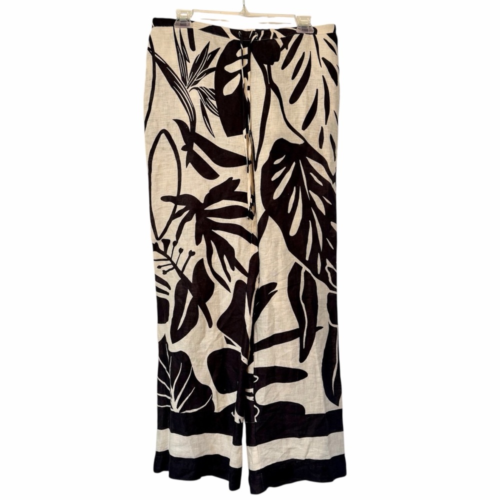 Magaschoni Linen Tropical Print Pants Size Medium Black Cream wide leg